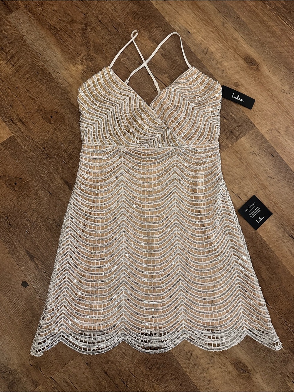 Lulu's White & Cream Lace Overlay Mini Dress with Sequins